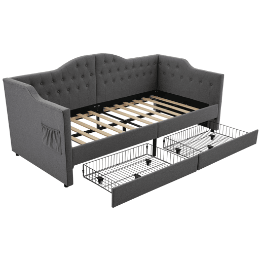 Cama de solteiro de linho 90x200cm com 2 gavetas,cinzento