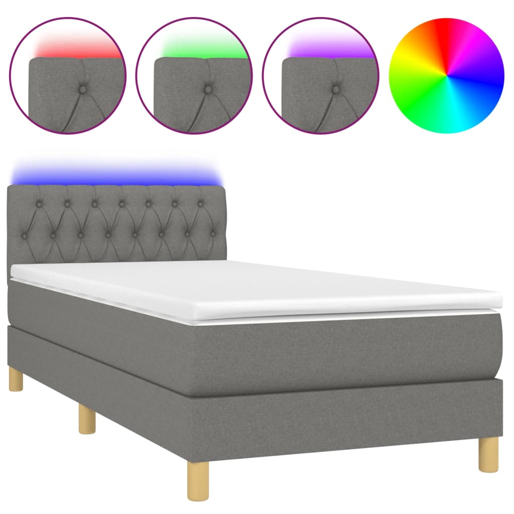 Cama box spring con colchón y led tela gris oscuro 90x190 cm diseño de botones