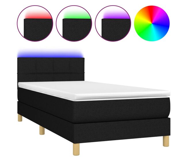 Cama box spring con colchón led tela negro 90x200 cm bloques con cuadros
