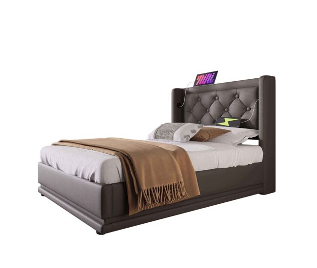 Cama individual de pu 90x200cm con almacenaje,luz led,negro