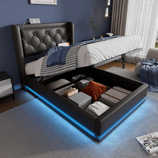 Cama de solteiro de pu 90x200cm com armazenamento,luz LED,preto