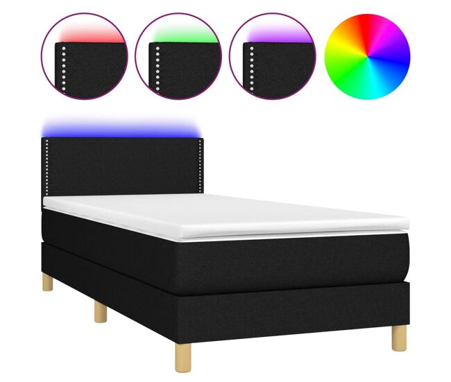Cama box spring con colchón led tela negro 90x200 cm liso con clavos