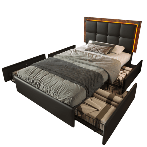 Cama de solteiro de poliuretano 90x200cm com 4 gavetas e luz LED,preto