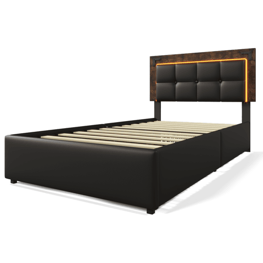 Cama de solteiro de poliuretano 90x200cm com 4 gavetas e luz LED,preto