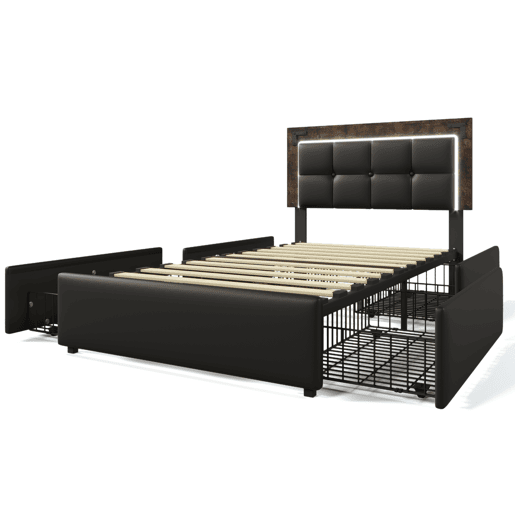 Cama de solteiro de poliuretano 90x200cm com 4 gavetas e luz LED,preto