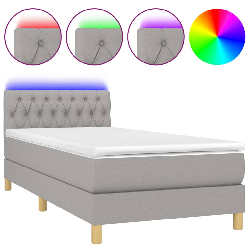 Cama box spring con colchón tela y led gris claro 90x190 cm diseño de botones