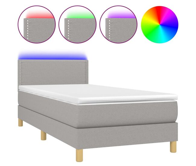 Cama box spring colchón y luces led tela gris claro 90x200 cm liso con clavos