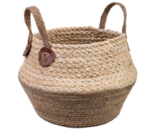 Cesto de fibra de hoja de banana y cuerda trenzada de maiz y asa de d34x33