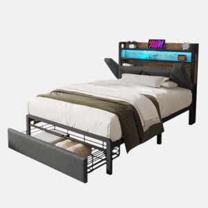 Cama de solteiro de linho 90x200cm com 1 gaveta e luz LED,cinzento