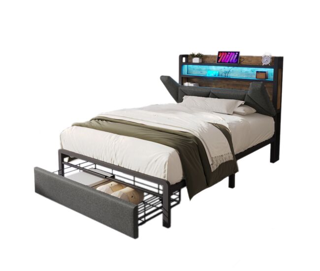 Cama individual de lino 90x200cm con 1 cajón y luz LED,gris