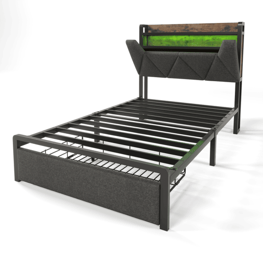 Cama de solteiro de linho 90x200cm com 1 gaveta e luz LED,cinzento