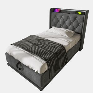 Cama de solteiro de linho 90x200cm com armazenamento,luz LED,cinzento