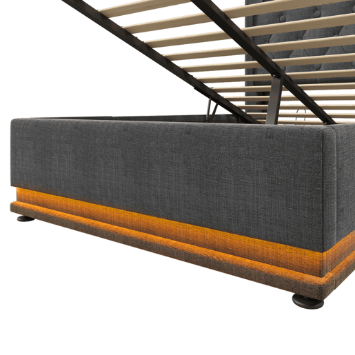 Cama de solteiro de linho 90x200cm com armazenamento,luz LED,cinzento
