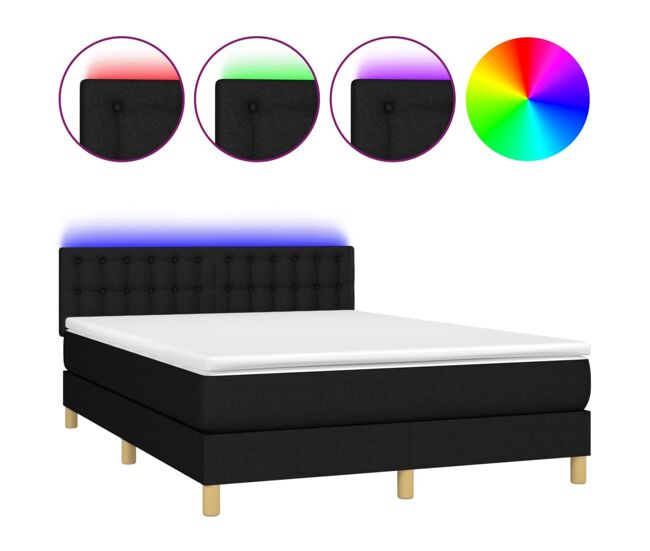 Cama box spring colchón y luces led tela negro 140x200 cm botones