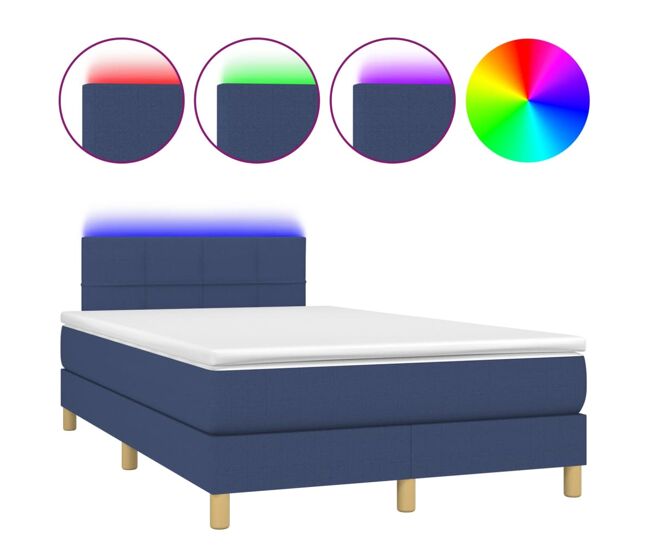 Cama box spring con colchón y led tela azul 120x200 cm bloques con cuadros