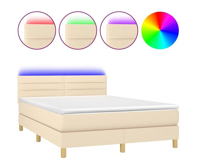 Cama box spring con colchón y led tela crema 140x200 cm rayas horizontales