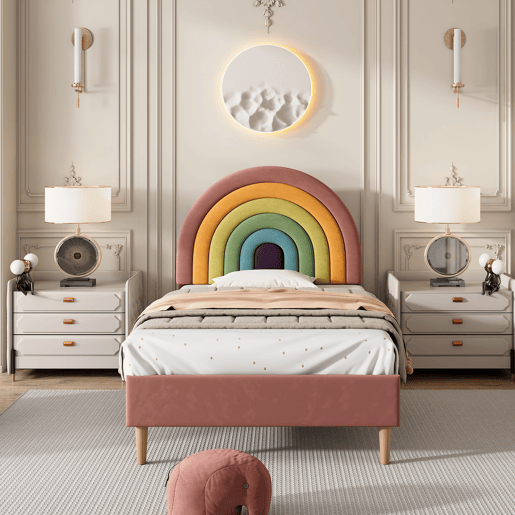 Cama de veludo para criança - 90x200 cm - com cabeceira colorida ajustável - Rosa