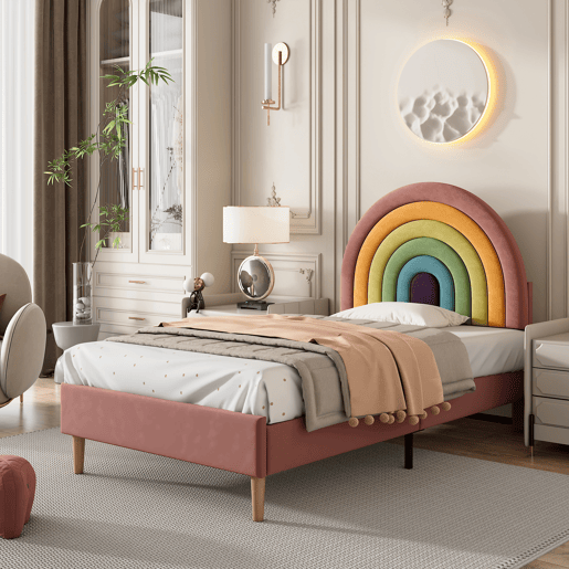 Cama de veludo para criança - 90x200 cm - com cabeceira colorida ajustável - Rosa