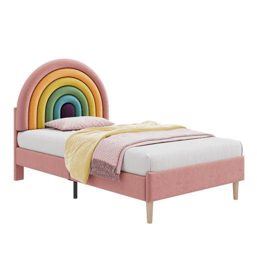 Cama de veludo para criança - 90x200 cm - com cabeceira colorida ajustável - Rosa