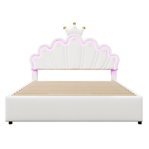 Cama de criança estofada 140x200 cm - com LED e 2 gavetas - Branco