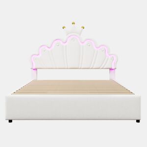 Cama de criança estofada 140x200 cm - com LED e 2 gavetas - Branco