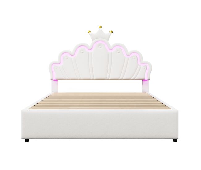 Cama infantil tapizada 140x200 cm - con led y 2 cajones - blanco