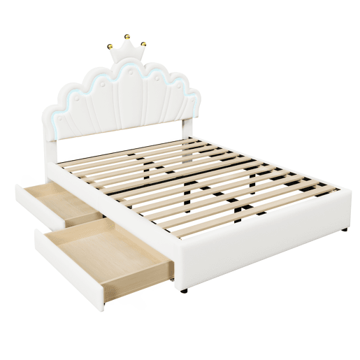 Cama de criança estofada 140x200 cm - com LED e 2 gavetas - Branco