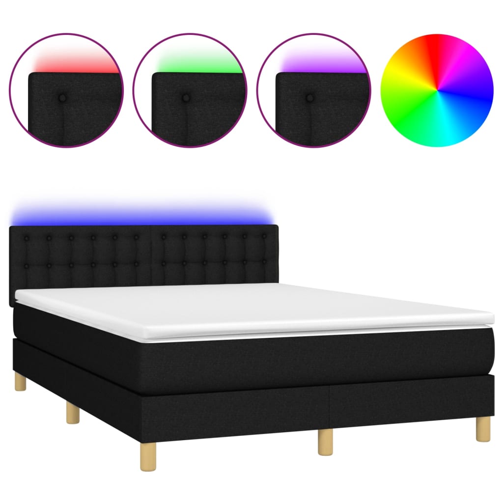 Cama box spring colchón y luces led tela negro 140x190 cm botones