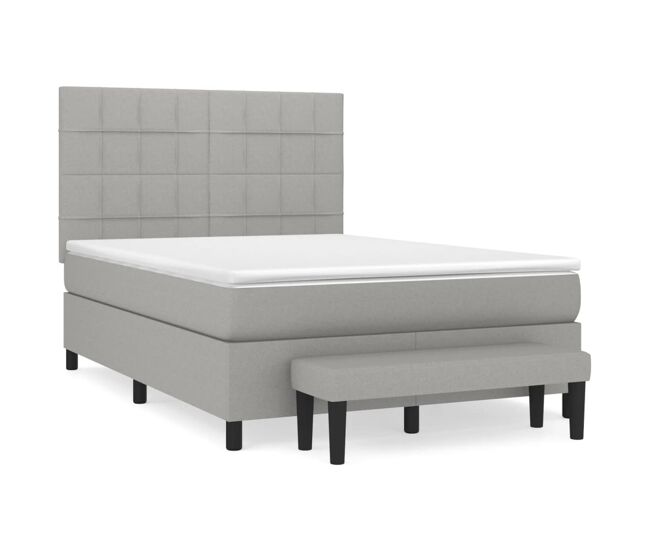 Cama box spring con colchón tela gris claro 140x200 cm bloques con cuadros