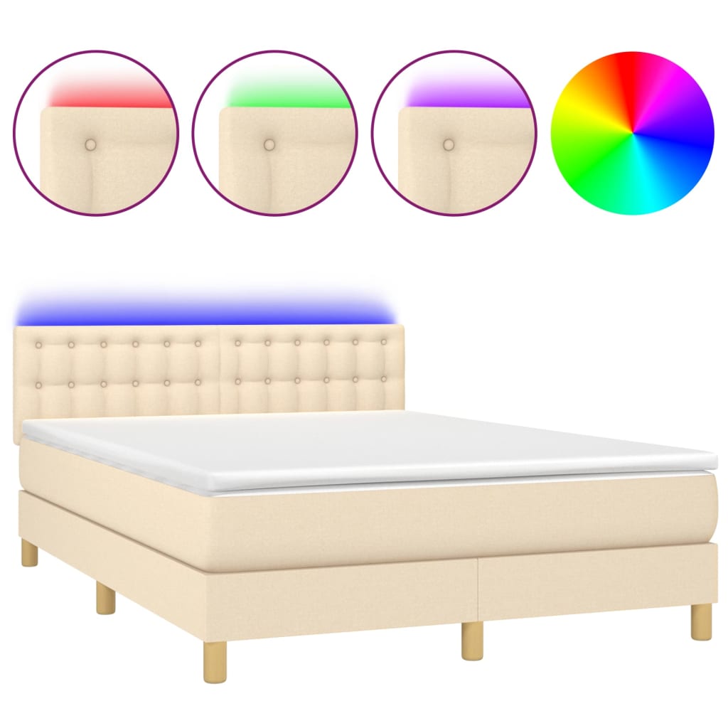 Cama box spring colchón y luces led tela crema 140x190 cm botones