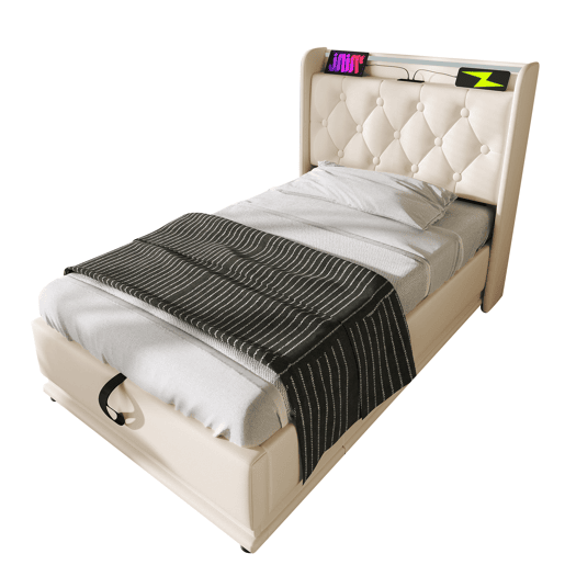 Cama de solteiro de poliuretano 90x200cm com armazenamento,luz LED,branco