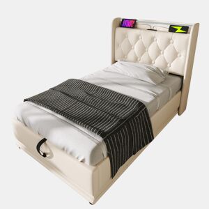 Cama de solteiro de poliuretano 90x200cm com armazenamento,luz LED,branco