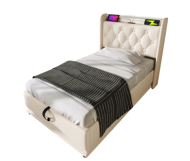 Cama individual de poliuretano 90x200cm con almacenaje,luz led,blanco