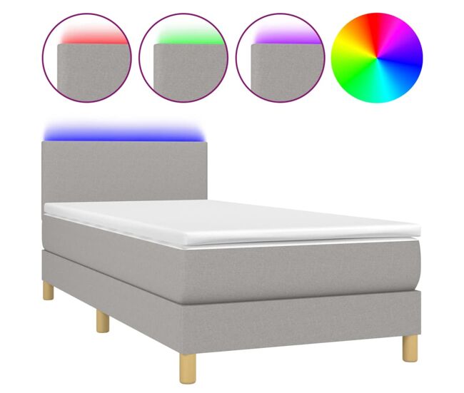 Cama box spring colchón y luces led tela gris claro 80x200 cm diseño plano