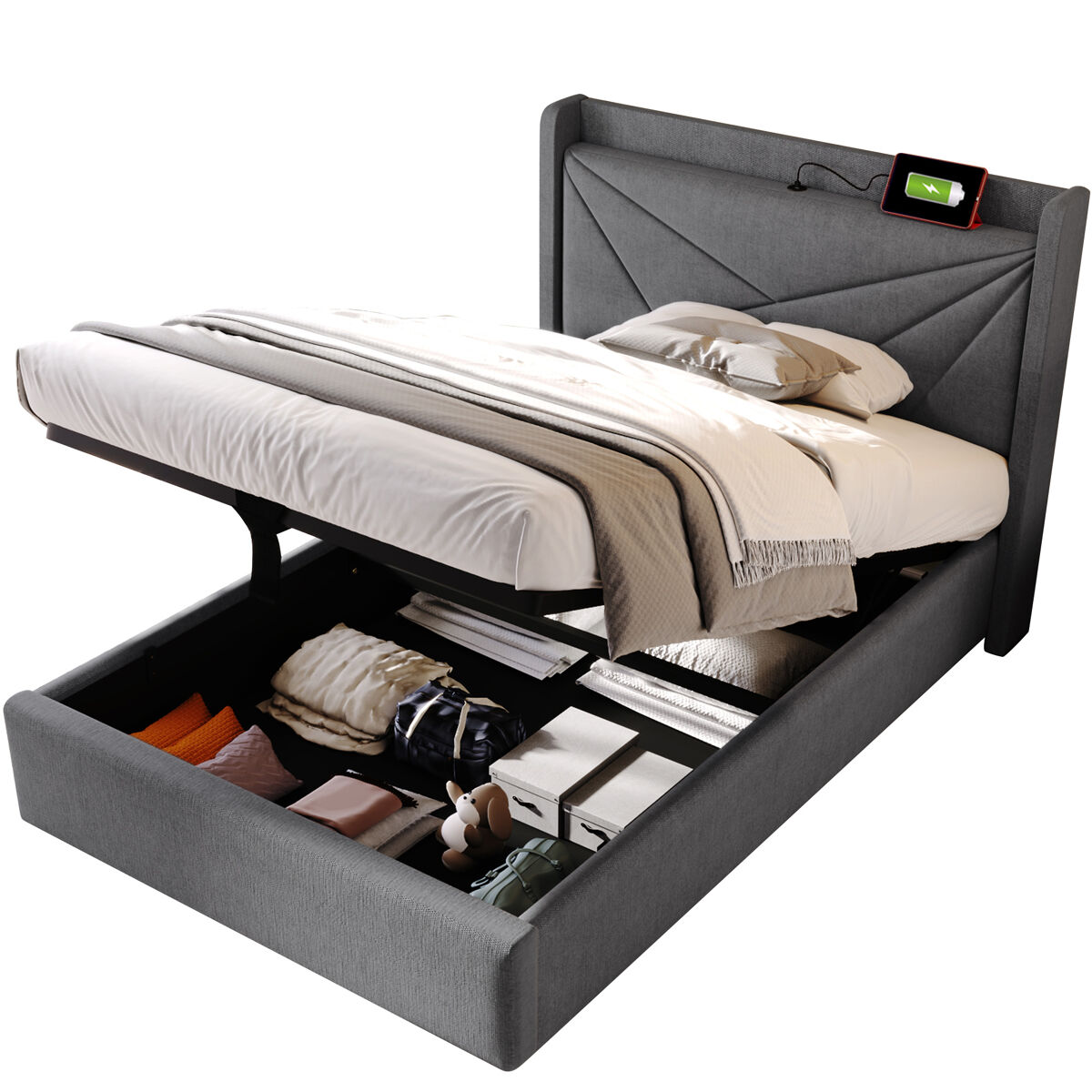 Cama individual de lino 90x200cm con almacenaje,gris