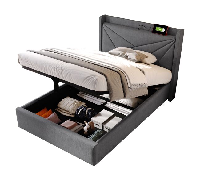 Cama individual de lino 90x200cm con almacenaje,gris
