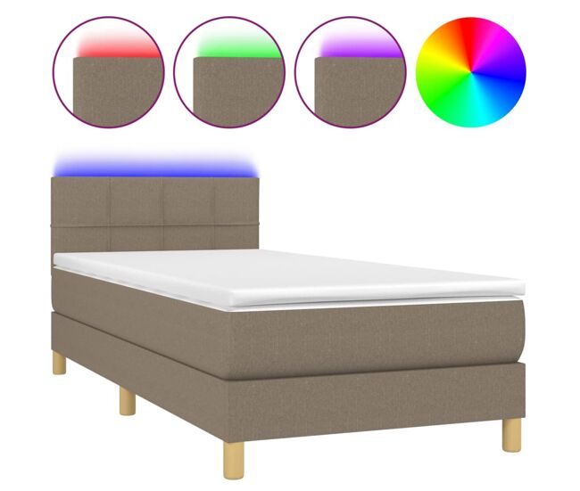 Cama box spring con colchón led tela gris taupe 100x200 cm bloques con cuadros