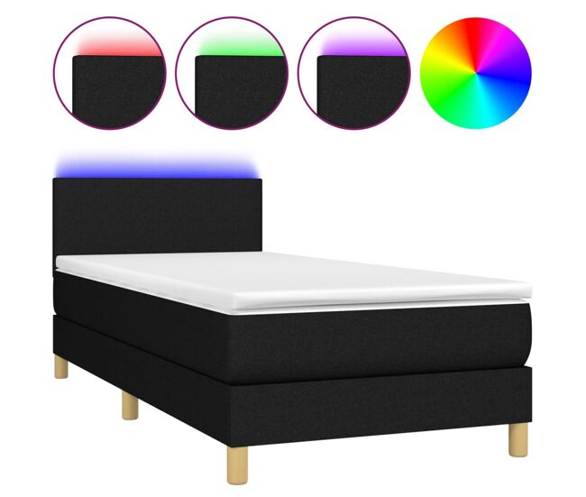 Cama box spring colchón y luces led tela negro 90x190 cm diseño plano