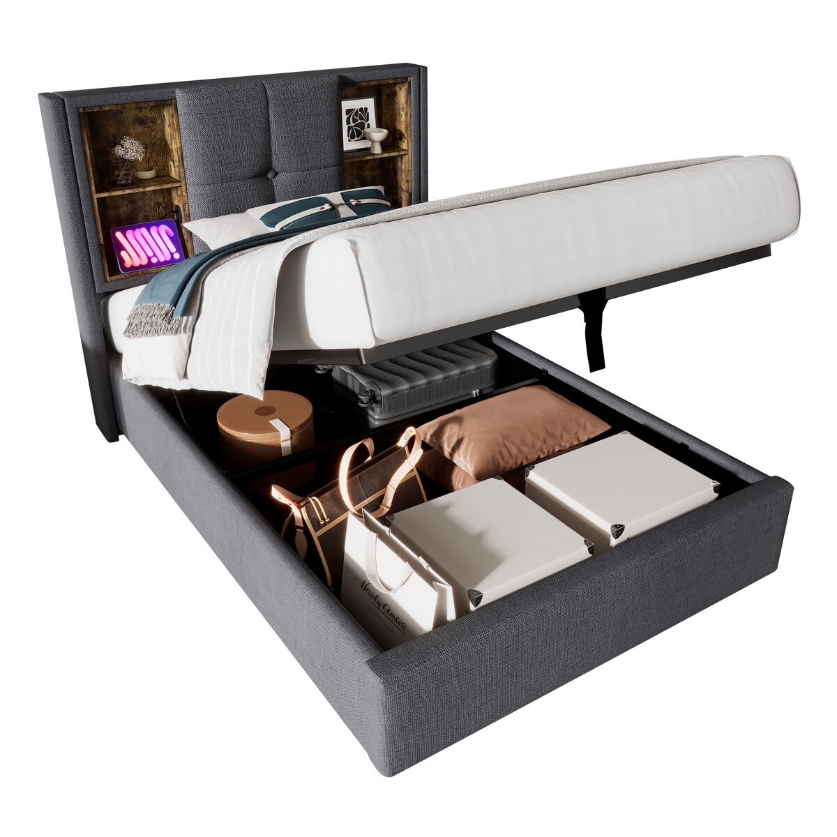 Cama individual de algodón 90x200cm con almacenaje,gris