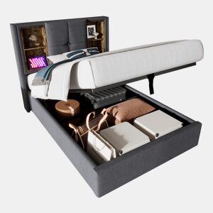Cama de solteiro de algodão 90x200cm com armazenamento,cinzento