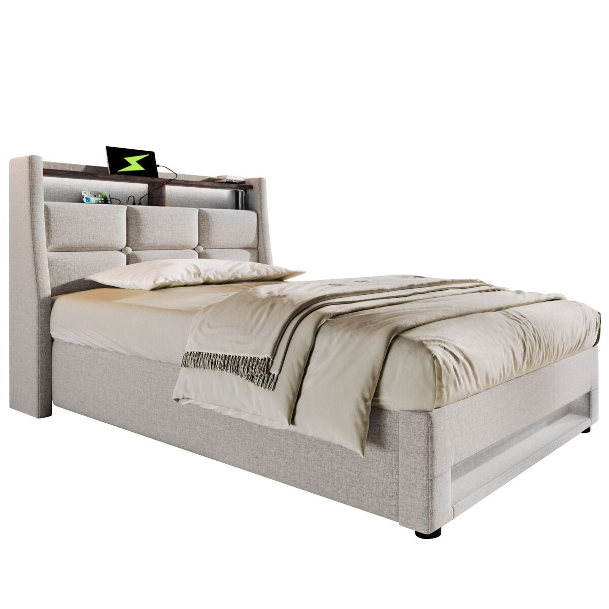 Cama individual de lino con almacenaje 95x210