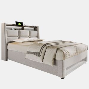 Cama de solteiro de linho 90x200cm com armazenamento,luz LED,bege