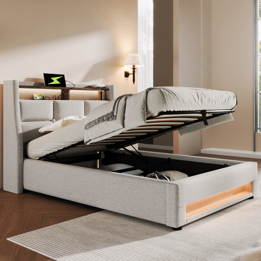 Cama de solteiro de linho 90x200cm com armazenamento,luz LED,bege