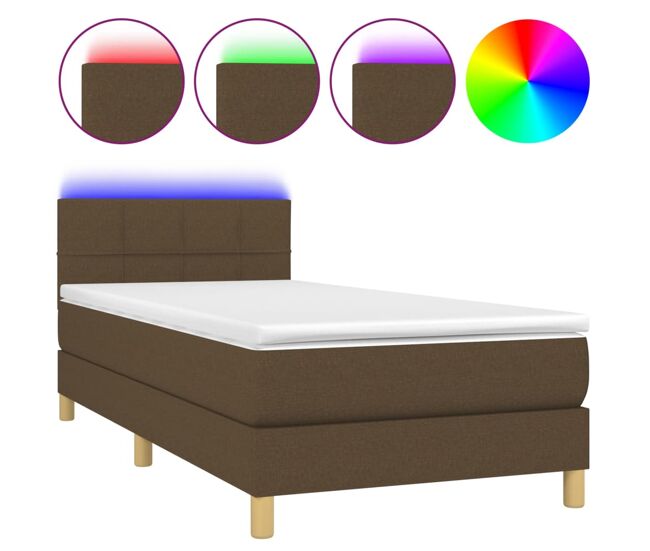 Cama box spring con colchón led tela marrón oscuro 80x200 cm bloques con cuadros