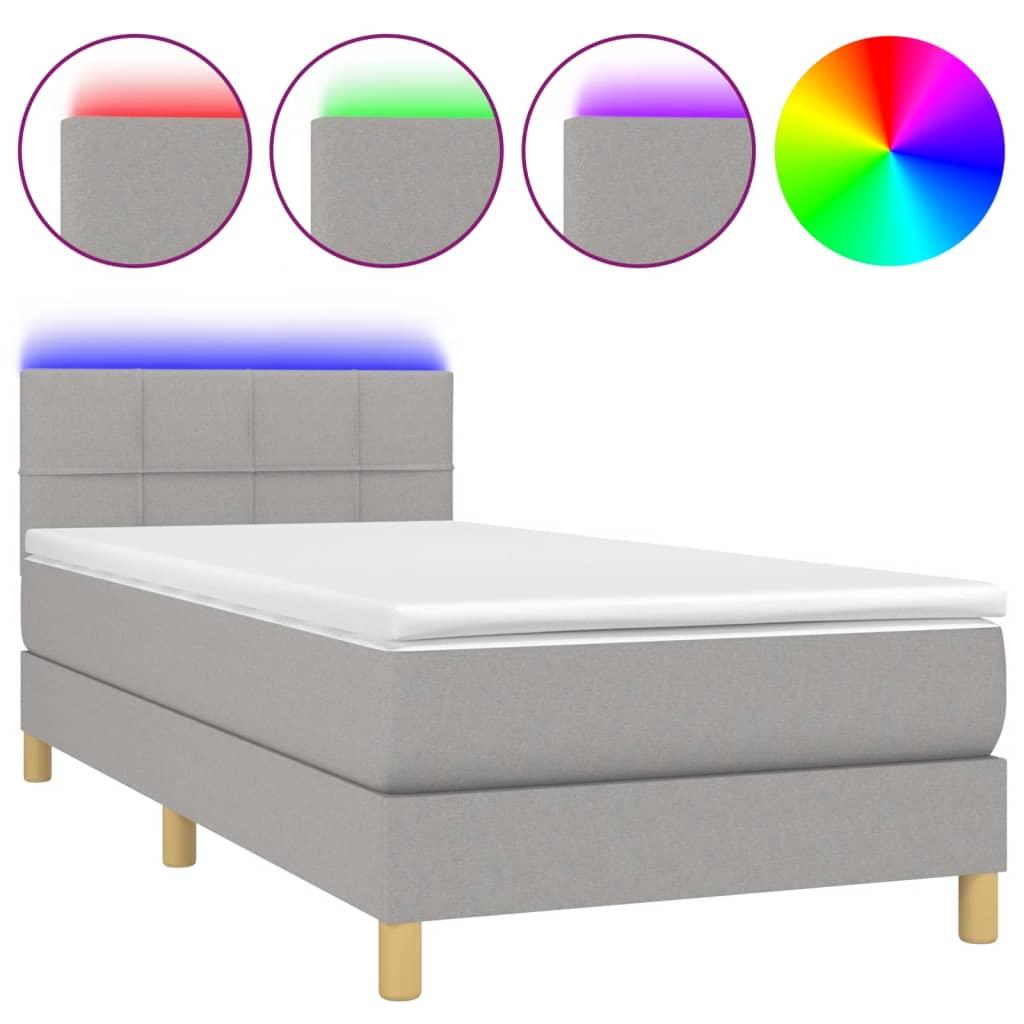 Cama box spring con colchón tela y led gris claro 80x200 cm bloques con cuadros