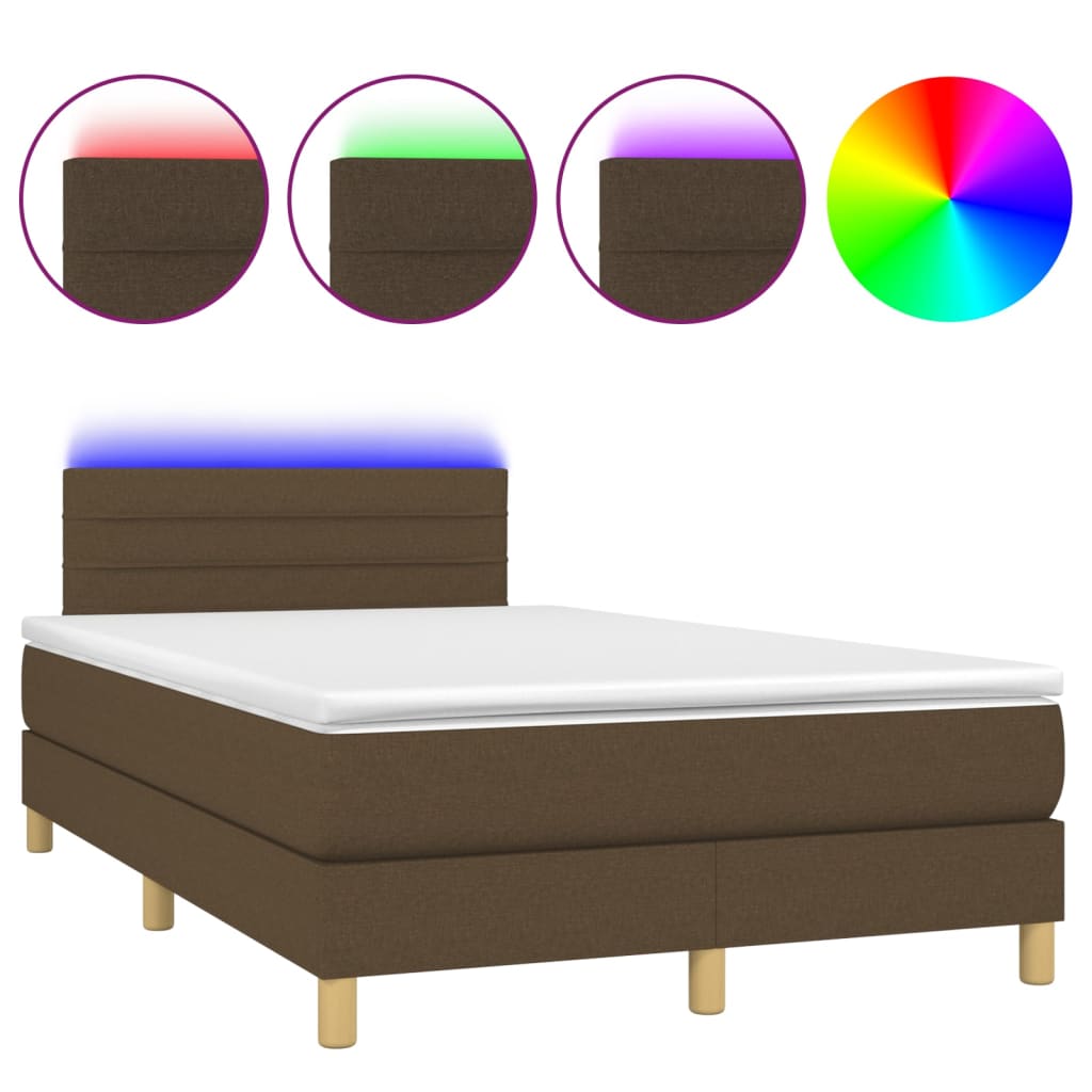 Cama box spring con colchón y led tela marrón oscuro 120x200 cm rayas horizontales