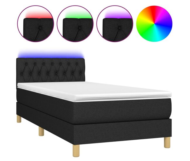 Cama box spring con colchón led tela negro 90x200 cm diseño de botones