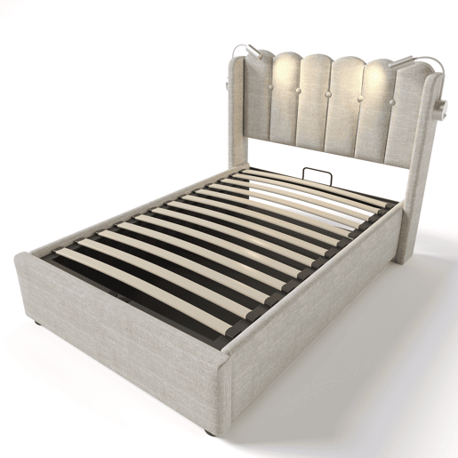 Cama de solteiro de linho 90x200cm com armazenamento,bege