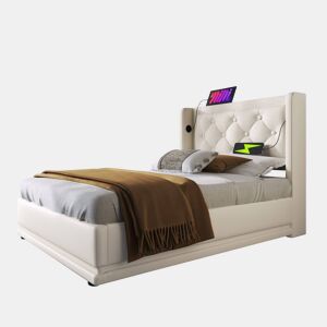Cama de solteiro de poliuretano 90x200cm com armazenamento,luz LED,branco
