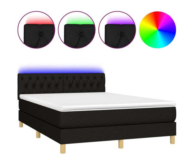 Cama box spring colchón y luces led tela negro 140x200 cm diseño de botones